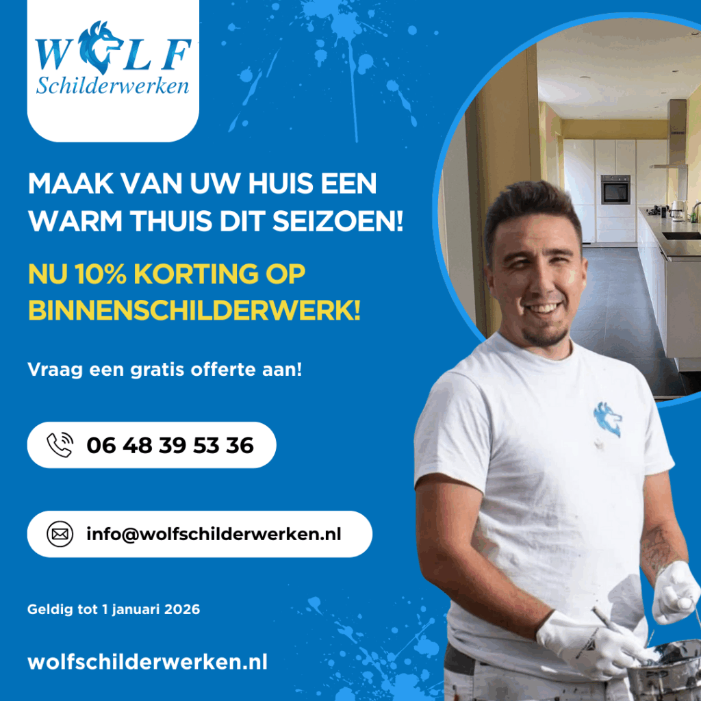 Actie banner met 10% korting op binnenschilderwerk tot 1 januari 2026